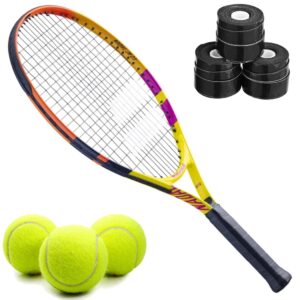 Babolat Nadal Junior Tennis Racquet (Rafa Edition) + 3 Black Overgrips + 3 Tennis Balls